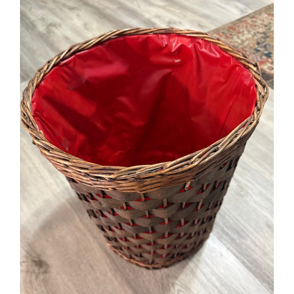 Vintage Woven Wicker Basket with Red Liner Brown Wood Wastebasket Planter